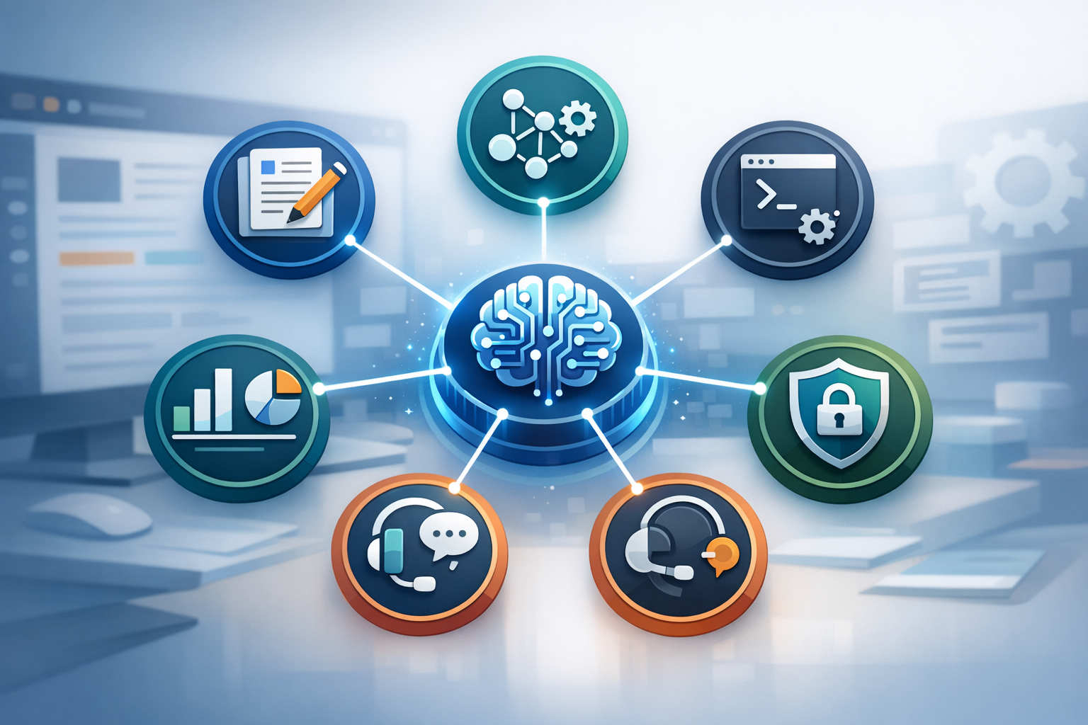 Abstract illustration of AI connected to WordPress workflows like editing, automation, analytics, support, and security.